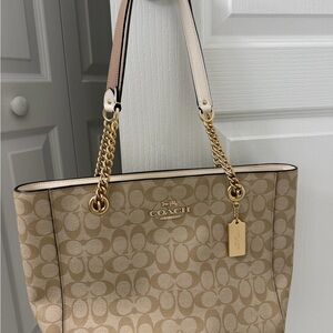 Coach Beige Signature Tote with Gold Accents